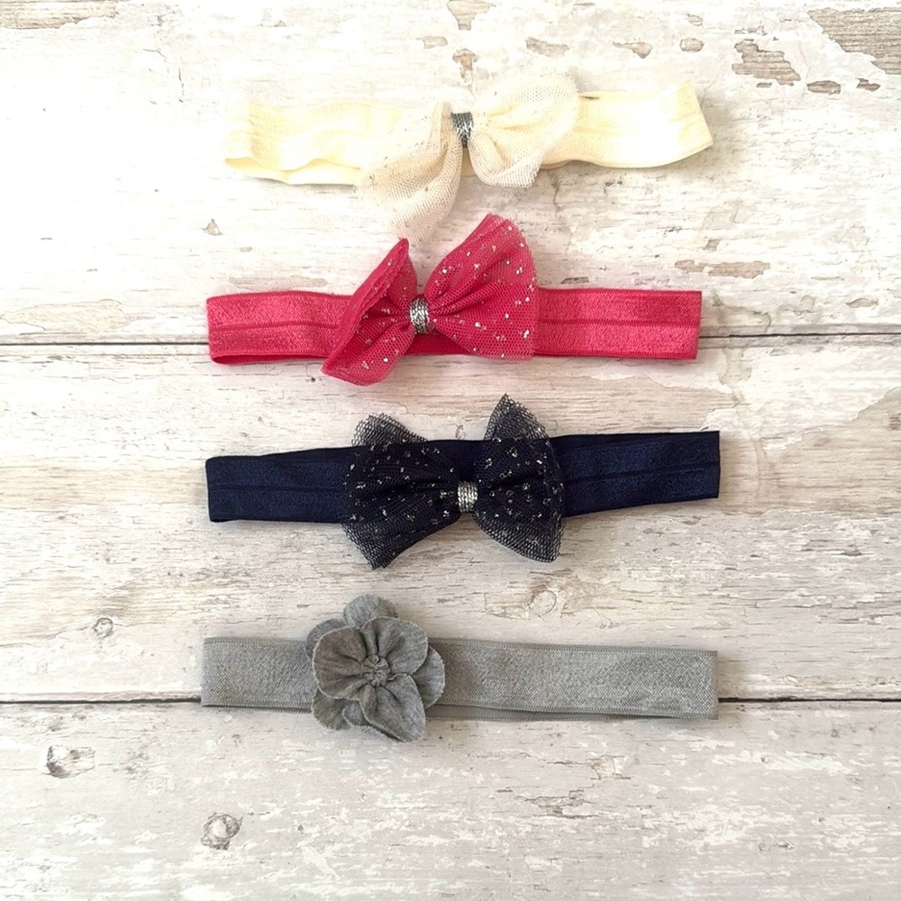 Baby Girl Headband Bows Swt of 4 Bundle Lot Navy Blue Pink Silver Cream